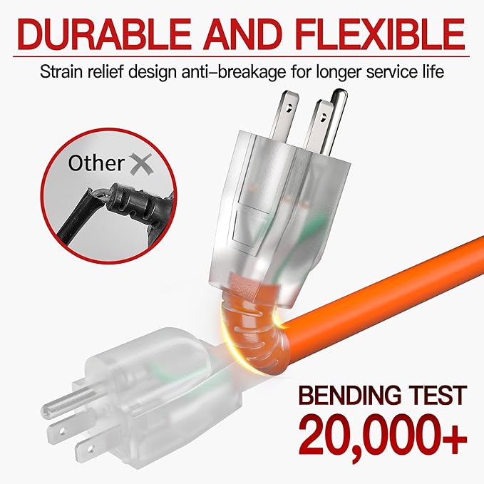 15 FT 12/3 Extension Cord Outdoor, Heavy Duty Weatherproof & Flame Retardant Orange 3 Prong Power Cord with Light, Outside for Lawn & Garden, 15 Amps 1875 Watts 125 VAC 12AWG SJTW, ETL Listed