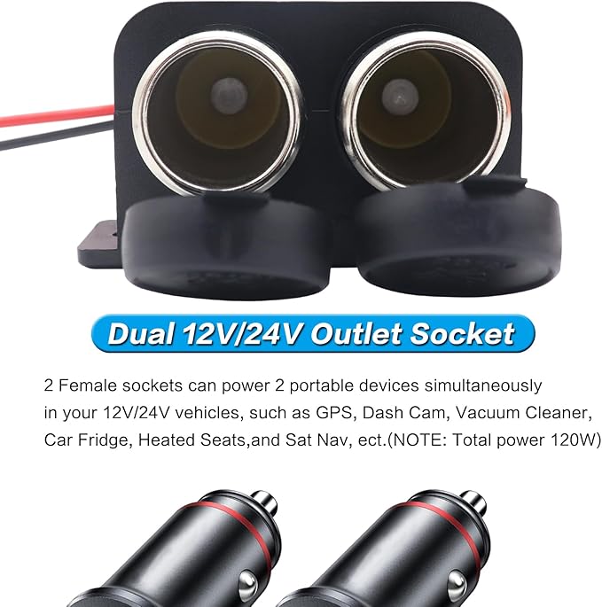 12 V Multifunctional Waterproof Car Modification Dual Cigarette Lighter Splitter Power Sockets Female Power Outlet Replacement for Portable Auto Electronic Devices