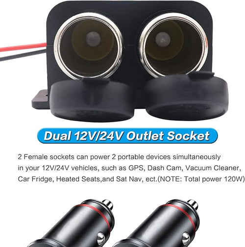 12 V Multifunctional Waterproof Car Modification Dual Cigarette Lighter Splitter Power Sockets Female Power Outlet Replacement for Portable Auto Electronic Devices