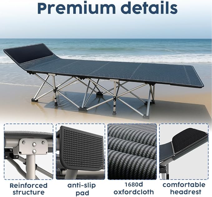 Heavy Duty Camping Cot for Adults with Mattress, 10-Leg Portable Folding Cot Bed, Extra Stable Sleeping Cot for Camping, Travel, Tent & Indoor Guest Use, 500 lbs Capacity (C-Gray&biue)