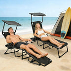 Folding Outdoor Chaise Lounge Chair with 360°Shade, 4 Position Portable Sun Tanning Chair with Headrest, Foldable Beach Lounge Chair with Cup Holders & Wooden Armrests for Patio Pool Lawn (Black-B)
