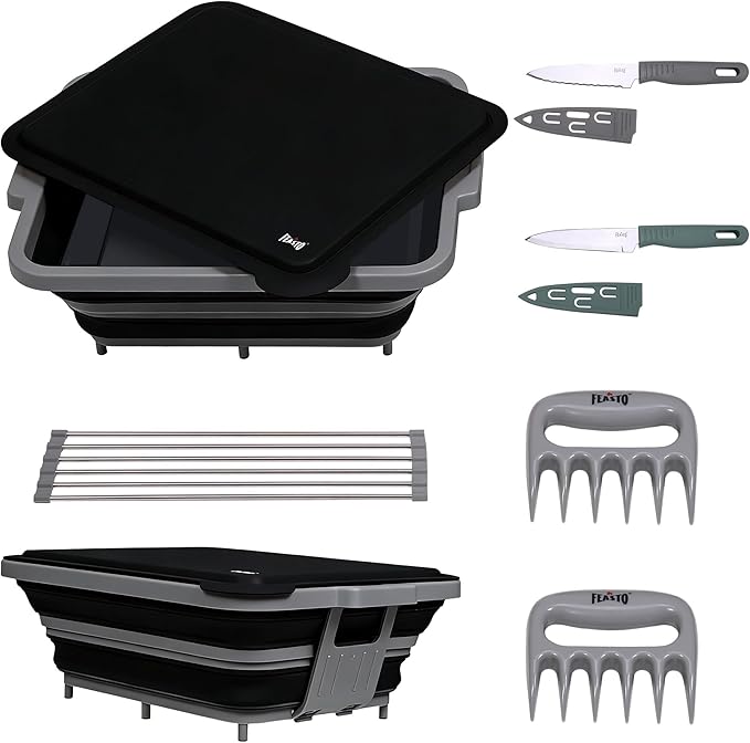 9-IN-1 Collapsible BBQ Prep Tub with Cutting Board, Portable Grill Prep Station with Side Brackets, Lids, Knives, Meat Claws and Drain Rack, Space-Saving for Kitchen, RV, Camping, Black