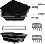 9-IN-1 Collapsible BBQ Prep Tub with Cutting Board, Portable Grill Prep Station with Side Brackets, Lids, Knives, Meat Claws and Drain Rack, Space-Saving for Kitchen, RV, Camping, Black