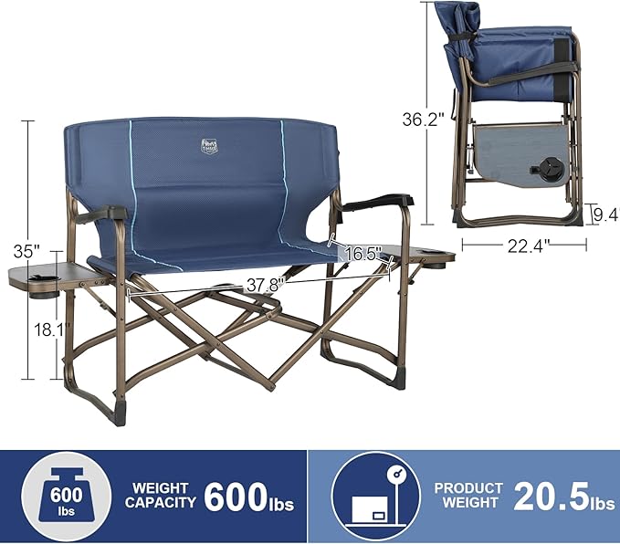 Timber Ridge Double Camping Chair Foldable Loveseat Directors Chairs, Oversized Double Folding Camping Chairs with 2 Side Tables, 2 Person Lawn Chair, Heavy Duty Support 600 LBS for Outdoor, Blue