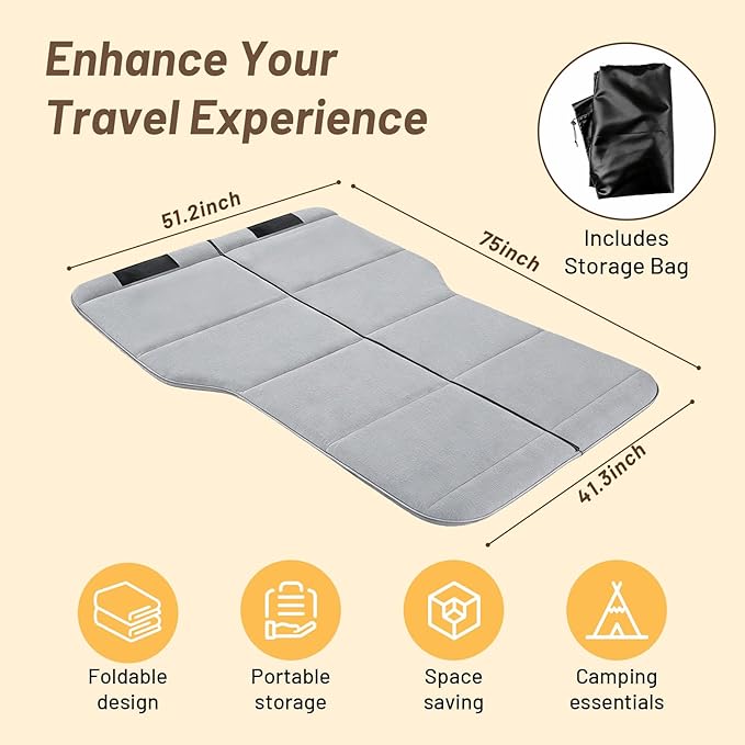 Car Bed for Ford Escape, Foldable Non-Inflatable Memory Foam Camping Mattress, Thickened Portable SUV Trunk Sleeping Pad, Air Mattress Upgrade for Camping & Travel Essentials, With Storage Bag, Gray