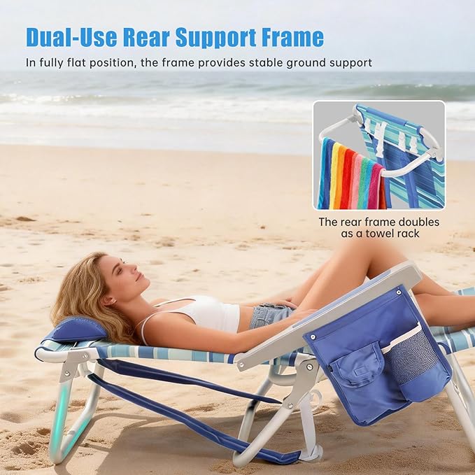 SUNNYFEEL Beach Chairs for Adults 2 Pack 5 Position Lay Flat, Portable Folding Backpack Beach Chair Heavy Duty with Cooler Bag, Cup Holder for Outdoor/Lawn/Picnic, Foldable Camping Chair