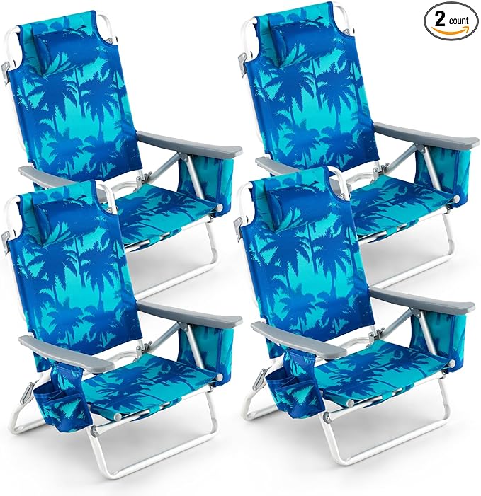 Goplus Beach Chair, Folding Backpack Beach Chairs for Adults with 5 Positions, Head Pillow, Cooler Bag, Towel Bar, Cup Holders, Sunbath Sling Tanning Lounge, Foldable Layout Camping Chairs