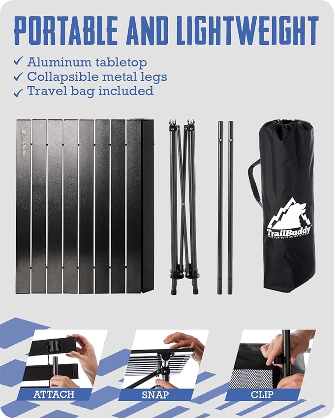TrailBuddy Folding Camping Table - Aluminum Foldable Table for Tailgating or Camp Site with Carry Bag - Lightweight and Portable for Beach, Picnic, Tailgate & Outdoor Use, 28"x 28" x 28"