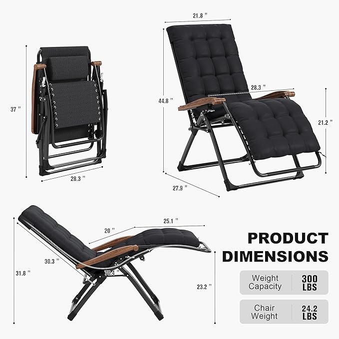 PURPLE LEAF Oversized Outdoor Reclining Chair Patio Zero Gravity Chaise Lounge Folding Chair with Removable Cushion Adjustable Headrest for Lawn Camping Beach Pool Black
