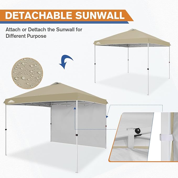 EAGLE PEAK Commercial Canopy 10x10 Pop Up Canopy Tent with 1 Sidewall, Easy Setup Heavy Duty Instant Event Shelter for Vendors & Markets, Outdoor Sun Shade, Light Beige