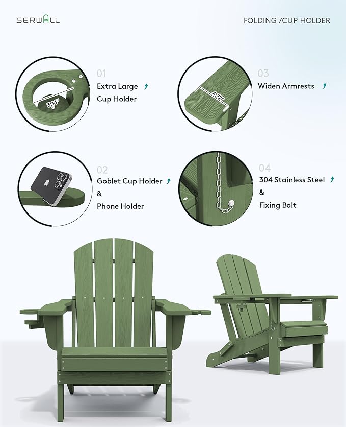 SERWALL Adirondack Chair with Cup Holders - Composite Adirondack Chairs Set of 8 HDPE Outdoor Chairs All Weather Use- Avocado
