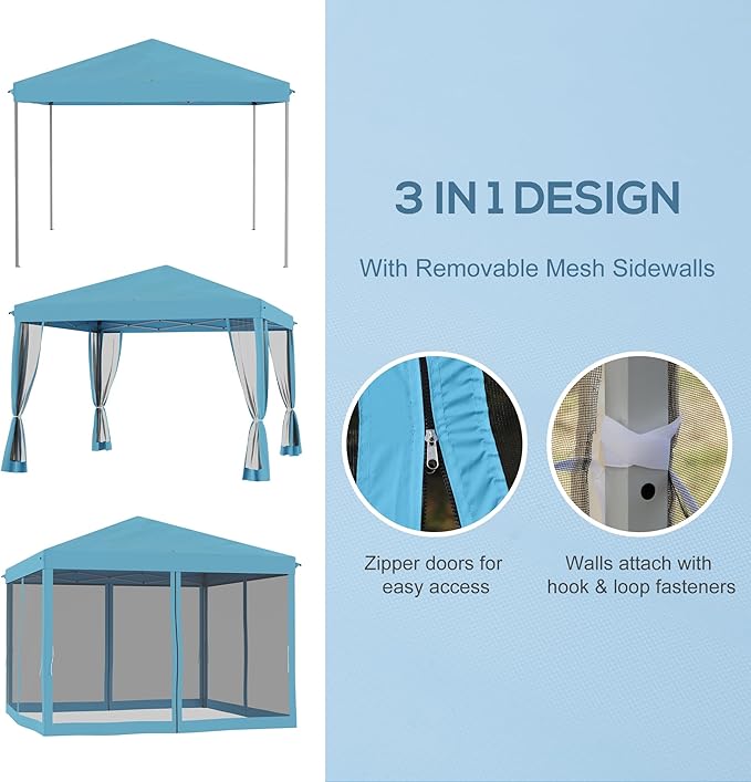 Outsunny 10' x 10' Pop Up Canopy Tent with Netting, Instant Gazebo, Screen House Room with Carry Bag, Height Adjustable, for Outdoor, Garden, Patio, Camping, Light Blue