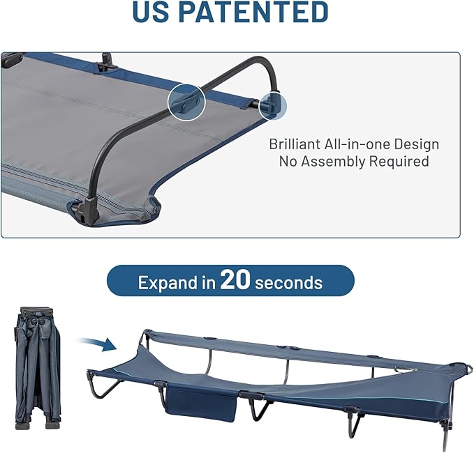 TIMBER RIDGE 20-Second Quick Set-Up Camping Cot, Lightweight Aluminum Folding Cot with Zipper Closure, Portable Carry Bag Included for Camping, Travel and Outdoors, Support up to 225lbs, Blue