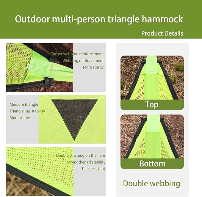 Triangle Hammock 10FT, Heavy Duty 300LBS-1000LBS Capacity for 1-3 Person, Portable Camping Hammock with Storage Bags, Multi-Person Hammock for Outdoor, Backpacking, Travel (Green-2.8m-150kg)