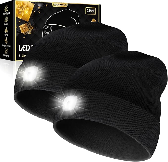 LED Beanie Hat with Light, USB Rechargeable LED Headlamp, Gifts for Men, Mens Gifts, Birthday Gifts for Women Him Dad Husband, Boyfriends, Black, 2PCS