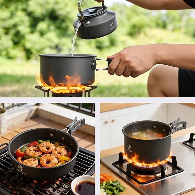 17-Piece Camping Cookware Set, Lightweight Backpacking Pot & Pan Kit with Non-Stick Anodized Aluminum, 0.45Gal Pot, 0.30Gal Kettle, 2 Cups & Cutlery Sets, Compact for Hiking(Plastic)