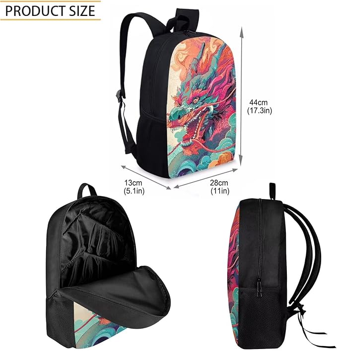 3PCS Colorful Dragon Backpack for Boys 17 Inch Large Capacity Bookbag and Lunch Box Set for Boys Cool Lightweight Teens School Bags 9-10 Years for Back to School Travel Rucksack