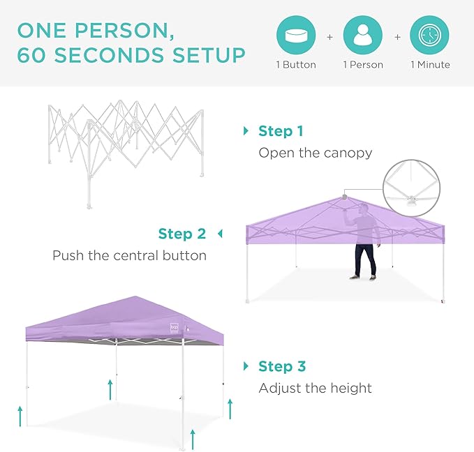 Best Choice Products 10x10ft Pop Up Canopy Tent, Outdoor Shade, 1 Person 1 Minute Set Up, Carry Case, 4 Weight Bags - Lilac/White