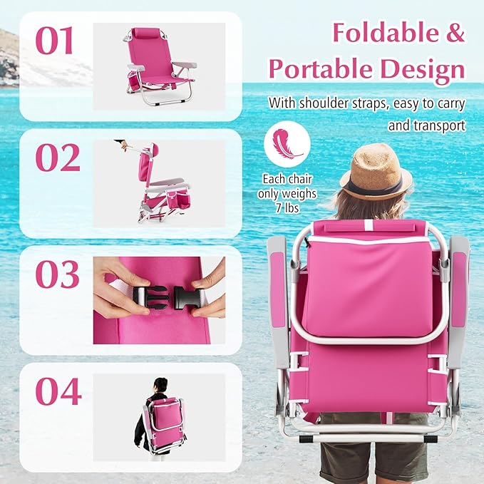 GYMAX Beach Chair, 330lbs Backpack Lounger with 5-Position Backrest, Storage Bag, Side Pocket, Towel Bar & Headrest, Foldable Low Beach Lounge, Portable Aluminum Lay Out Camp Chair (1, Pink)
