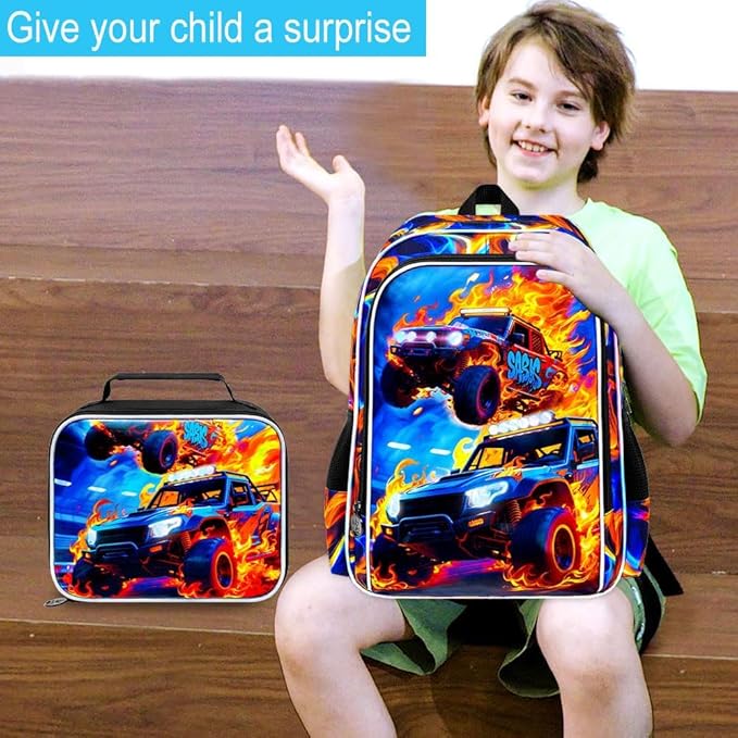17" Truck Backpack for Boy, 3Pcs Fire Bookbag for Elementary Preschool Kindergarten, Kids School Backpacks with Lunch Box (Red)