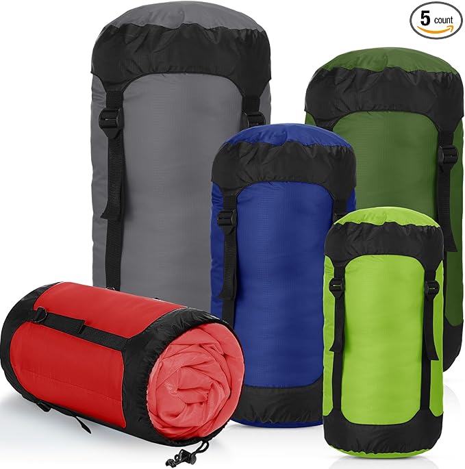 5 Pcs Compression Sacks for Backpacking 5L/10L/15L/20L/35L Camping Sleeping Bag Stuff Sack Water Resistant Sleeping Bag Storage Sack for Space Saving Hiking Gear