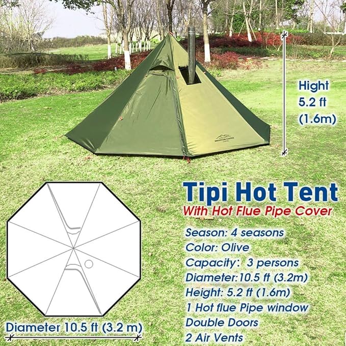 DANCHEL OUTDOOR Backpacking Hot Tent with Stove Jack, 4 Season Lightweight Tipi Tent for 2/4/6 Person Winter Camping Hunting, 10.5FT-16.4FT