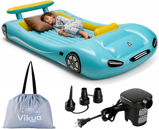 Vikua Inflatable Toddler Travel Bed with Safety Bumpers & Quick-Inflating Pump, Portable Blow Up Air Mattress for Kids with Carry Bag, for Home, Travel, Camping, Sleepovers, 330lbs Support (Blue)