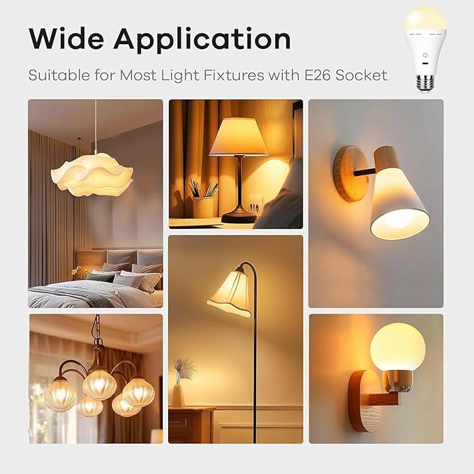 E26 Rechargeable Light Bulbs with Remote Control, 2600mAh Battery Operated Light Bulb with Hook, 3000K-6500K，40W Equivalent, 3 Timer, for Sconces Lamps Without Power, Camping, Emergency 2 Pack