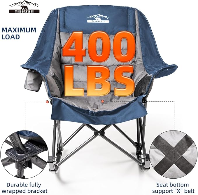 Oversized Rocking Camping Chairs Set of 2, Fully Padded Camp Chairs for Adults with Side Pocket and Cup Holder, Heavy-Duty 400lbs Capacity, Blue & Gray