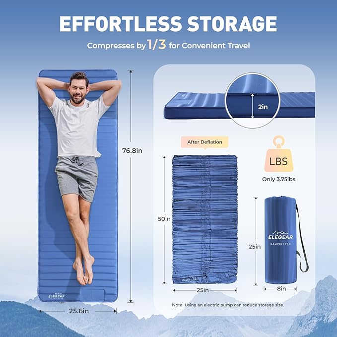 Elegear CumbreX™ Air & Foam Camping Sleeping Pad, HexaFoam Camping Mattress Pad with Built-in Foot Pump Memory Foam Camp Pad 4-Season R-Value 9.5 Camp Sleeping Mat for Travel/Car/Tent, Blue