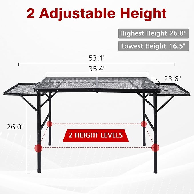 Folding Grill Table, 3x2 FT Portable Camping Table with 2 Wing Panels, Height Adjustable Metal Tables with Mesh Desktop and Mesh Bag, Outdoor Furniture for Camping, Picnic, Beach and BBQ, Black