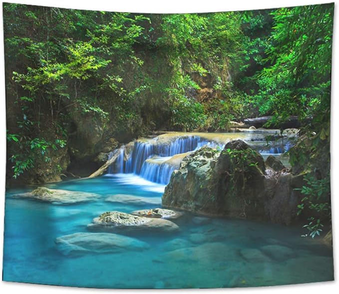 Forest Waterfall Tapestry Wall Hanging Sandy Beach Picnic Rug Camping Tent Sleeping Pad Home Decor Bedspread Sheet Wall Cloth (60x51inch,8)