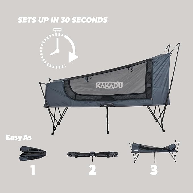Kakadu Camping Tent Cot, 1 Person, 1 Minute Easy Setup, Folding, Compact, Elevated Tent with BlockOut Rain Fly, Awning Poles, Ultra-Fine Mesh Windows, and Carry Bag