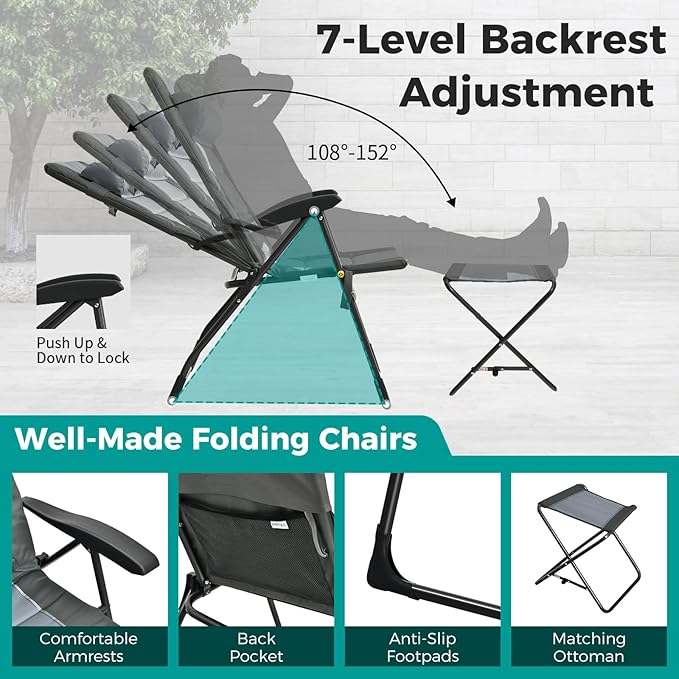 GYMAX Patio Chairs with Ottomans, Outdoor Recliner Set of 2 with 7-Level Backrest, Armrest, Detachable Headrest & Back Pocket, Padded Folding Camping Lounger for Lawn Balcony Backyard (2)