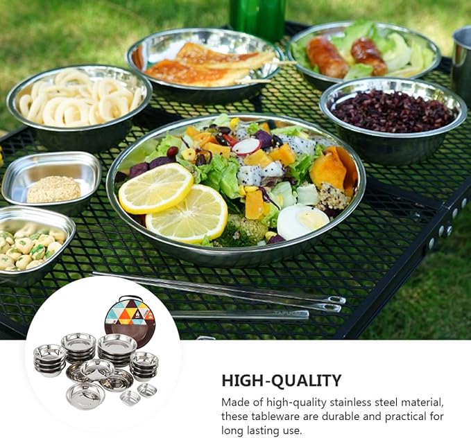 Portable Camping Tableware Stainless Steel Plates Bowls for Hiking Picnic Outdoor Use with Mesh Bag for Easy Cleaning and Drying