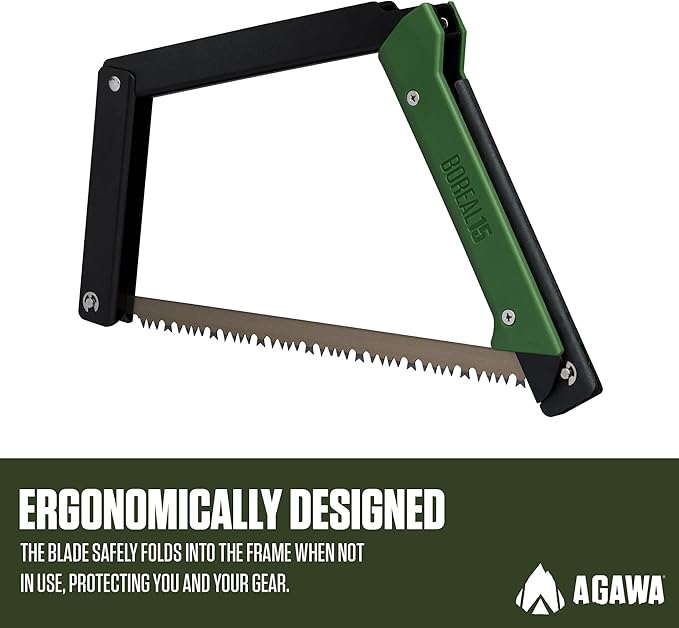AGAWA - BOREAL15-15 Inch Folding Saw with All-Purpose Saw Blade - Camping Gear For Hiking, Fishing, Hunting, Bushcraft & Survival Kit (Black Frame/Green Handle)