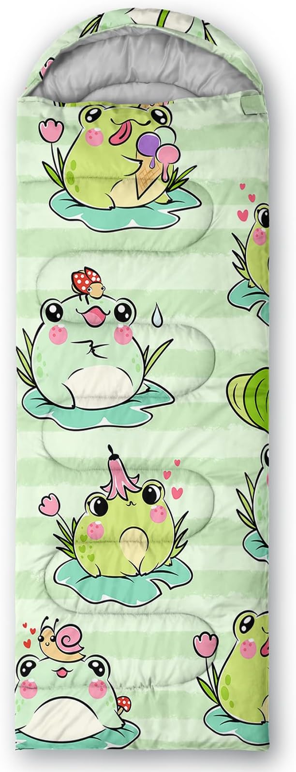 AILONEN Cute Frog Green Camping Sleeping Bag,Lightweight & Waterproof,3 Season Warm & Cool Weather,Travel Portable Compression with Compact Carrying Bag for Kids Girls Adults