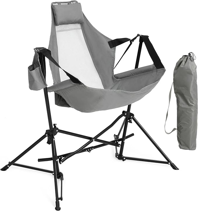 HOMEFUN Hammock Camping Chair - Portable Swinging Chairs for Adults with Stand and Storage Bag, Oversized Folding Rocking for Lawn Camp Fishing Hiking, Gray