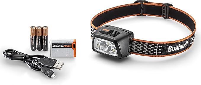 Bushnell Power+ 500L LED Headlamp - Flexible Power, Water Resistant, Rechargeable, Adjustable Band, Red Mode