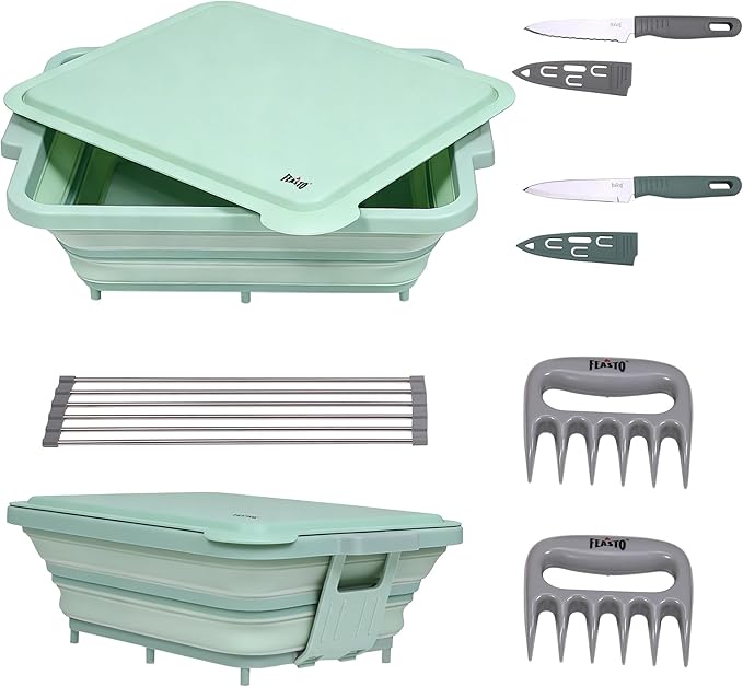 9-IN-1 Collapsible BBQ Prep Tub with Cutting Board, Portable Grill Prep Station with Side Brackets, Lids, Knives, Meat Claws and Drain Rack, Space-Saving for Kitchen, RV, Camping, Green