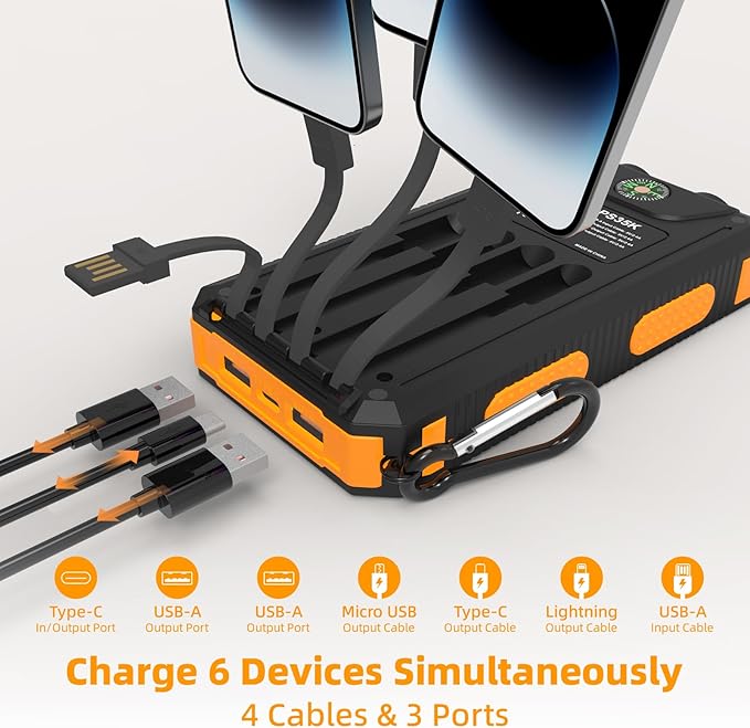 Solar Charger Power Bank 20,000mAh, Portable Charger, 4 Cables 3 Ports Fast Charging External Battery Pack with USB C for Cell Phones, Solar Panel Charger with Dual Flashlight for Camping