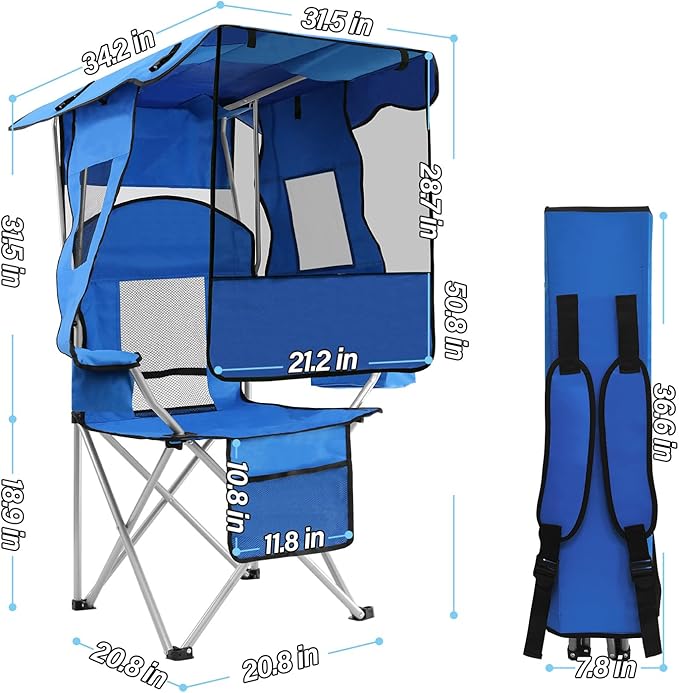 ptlsy Beach Chair with Canopy Shade Folding Camping Chair for Adults with Cup Holders, Cooler Bag for Camping, Fishing, Beach, Sports and Concert (Blue)