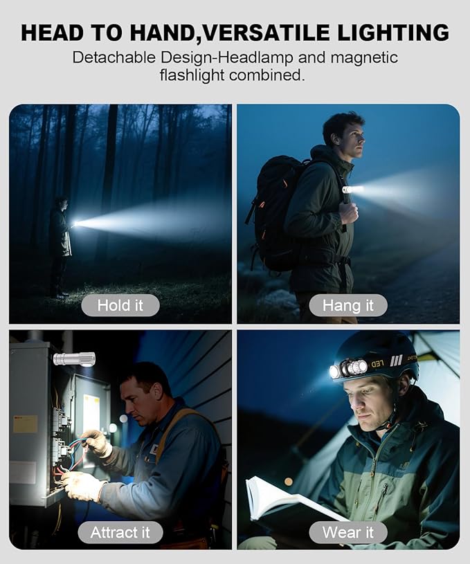 LED Rechargeable Headlamp for Adults - Hard Hat Light Running Head Lamp with Red Light, Magnet, 180° Tilt, 7 Modes, Detachable Flashlight & Headband, Outdoor, Emergency 1PC, Silver