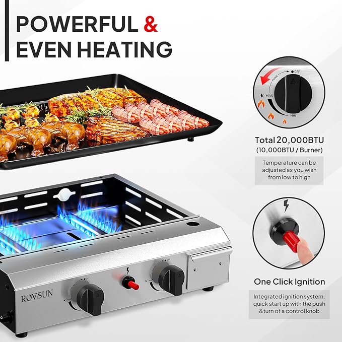 ROVSUN 2 Burner Portable Propane Griddle with Nonstick Enameled Tray, 20000 BTU Rolling Flat Top Gas Grill with Electronic Ignition, Side Shelves & Regulator for Outdoor Cooking Camping BBQ Tailgating