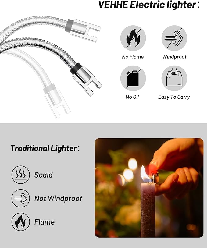 VEHHE USB Lighter, Candle Electric Lighter with Safety Lock Rechargeable Arc Lighters with LED Display, 360° Flexible Long Neck Lighters for Candles Grilling Cooking Barbecue Camping Windproof