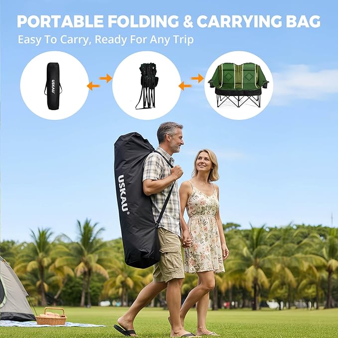Oversized USLCamping Chair - 2 Person Portable Folding Outdoor Loveseat Heavy Duty Lawn Chairs for Adults with Padded Cushion & Dual Cup Holders, Supports 660LBS for Camping，Sports，Picnic