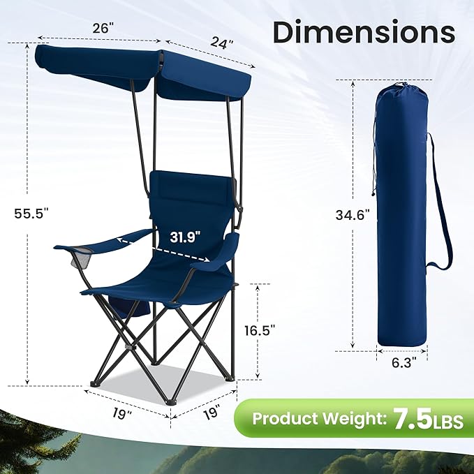 Portable Camping Chair 2 Pack with Foldable Canopy, Folding Outdoor Chair with Cup Holder & Side Pocket for Camping, Hiking, Picnic, Beach (Navy Blue)