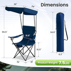Portable Camping Chair 2 Pack with Foldable Canopy, Folding Outdoor Chair with Cup Holder & Side Pocket for Camping, Hiking, Picnic, Beach (Navy Blue)
