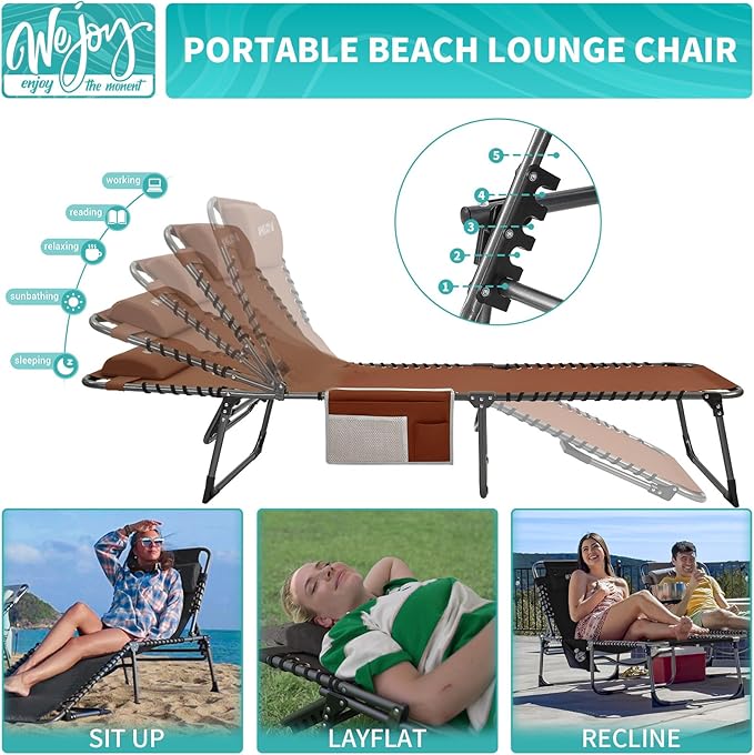 #WEJOY Folding Lounge Chair Outdoor, 5-Position Adjustable Sunbathing Tanning Chair with Shoulder Strap & Side Pocket, Heavy Duty Reclining Chair for Patio Pool Camping, Portable Folding Bed Cot Khaki