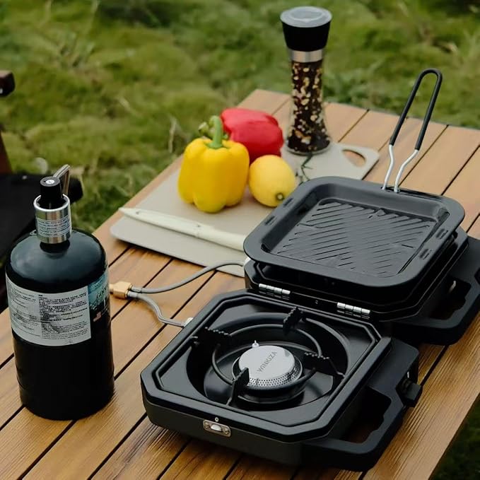 New WINKIZA 2 Burner Camping Stove with Grill, 12000 BTU Propane Gas Stove, Portable Folding Camp Stove with Carry Bag, Two Adjustable Burners with Piezo Ignition, Portable Stove for Camping, BBQ